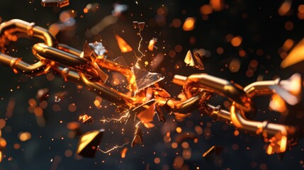 Poster - Breaking chain with sparks and flying debris, symbolizing strength and resilience. dynamic scene captures moment of destruction, emphasizing power and energy