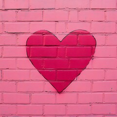 Pink heart painted on a pink brick wall.