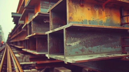 Poster - Industrial steel beams stacked along railway tracks, showcasing construction materials and infrastructure development. image captures essence of urban engineering and progress