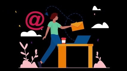 Poster - african woman delivering an email while walking towards a laptop in a colorful workspace.