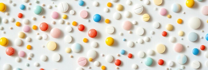 Poster - Variety of colorful pills and capsules scattered on a white surface for health and wellness concepts. Generative AI