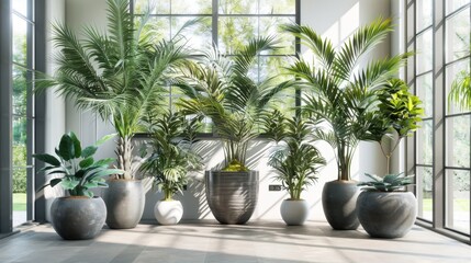 Wall Mural - Indoor plants in decorative pots create vibrant and refreshing atmosphere in modern space. lush greenery enhances natural light and adds touch of tranquility