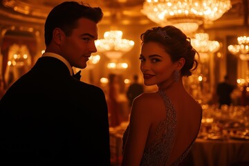 Couple looking over their shoulders while attending a glamorous gala dinner in a luxurious ballroom