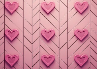 Poster - Pink hearts pattern on chevron wood background.