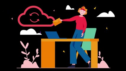 Poster - A European woman interacts with a cloud symbol while working at a desk, showcasing a digital theme.