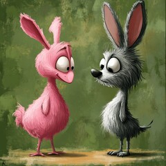 Wall Mural - Pink Bunny and Grey Bunny Face Each Other