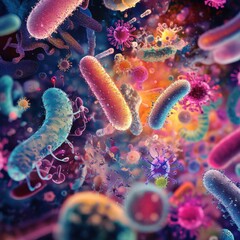 Leinwandbilder - Exploring the vibrant world of microscopic microbes displaying various shapes and textures. Generative AI