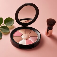 Wall Mural - A colorful makeup palette with six shades, a compact mirror, and a brush, set against a soft pink background with green leaves