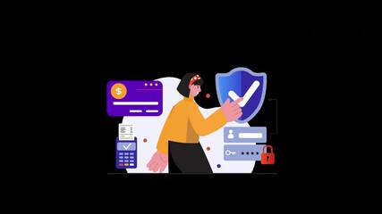 Aufkleber - A woman protects data with a shield in a digital security illustration, showcasing cybersecurity concepts.