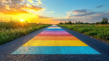 Wall Mural - Rainbow road at sunset.