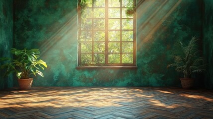 Wall Mural - A serene indoor space with plants and sunlight streaming through a window.