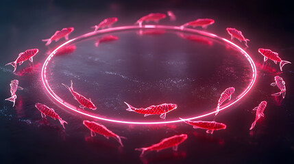 Poster - Koi fish swimming in a neon circle virtual reality 3d animation futuristic setting digital art perspective