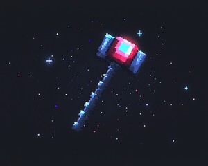 Canvas Print - Pixel art of a glowing space hammer with a red gem.