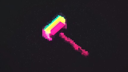 Canvas Print - Pixel art retro neon hammer on dark background.