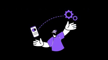 Poster - A cartoon character with a phone and gears, illustrating technology concepts in a flat design style.