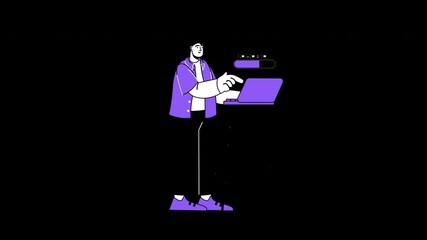 Poster - a young male person with european features working on a laptop in a creative setting.