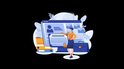 Poster - a professional woman presenting a digital profile on a laptop with a suitcase and documents, showcas