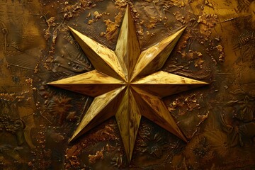 Poster - Large, eight pointed golden star centered on a textured metallic background, creating a striking visual contrast