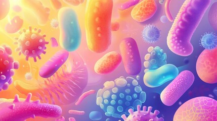 Poster - Illustration showcasing diverse microscopic microbes in vibrant colors and unique shapes within a colorful background. Generative AI