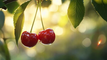 Wall Mural - Closeup of ripe cherries hanging from branch illuminated by soft sunlight, Closeup of two ripe cherries hanging from tree branch with sunlight and blurry background