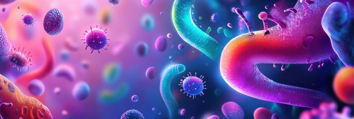 Aufkleber - Exploring diverse microscopic microbes in vibrant colors and intricate shapes in a dynamic environment. Generative AI