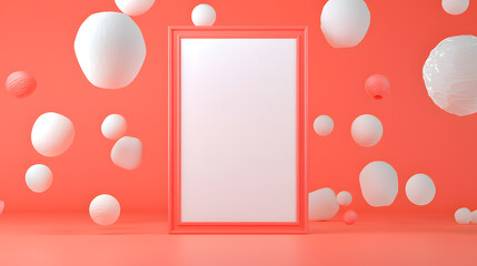 Poster - Floating spheres in coral frame creative studio setting 3d render modern design abstract art concept