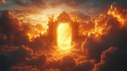 Wall Mural - Golden archway gateway in fiery sunset cloudscape.