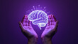 © Ksenia Pestereva - Illustration of a brain glowing in hands on a purple background for International Epilepsy Day, providing space for text and incorporating an impactful message.