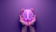 © Xenia - Vibrant illustration of a glowing purple brain held in hands on a soft purple background for International Epilepsy Day, featuring ample space for impactful text