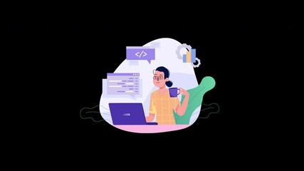 Poster - Woman coding on a laptop with a coffee cup, in a modern flat design.
