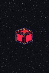 Canvas Print - Red isometric cube floating in space, pixel art style.