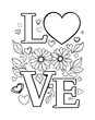 © HM - Love word in flowers adult antistress coloring page in doodle sketch style, floral pattern colouring sheet isolated vector illustration