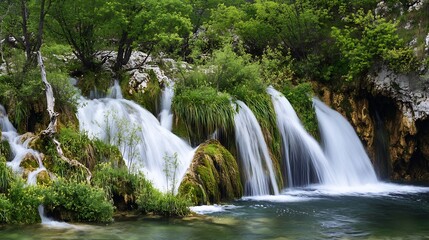 Aufkleber - Vibrant Waterfall Cascading in Lush Forest Evoking Nature's Dynamic Energy : Generative AI