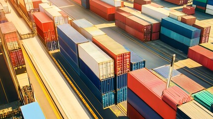 Poster - Aerial View of Container Shipping Yard with Colorful Cargo in Sunlit Industrial Port : Generative AI