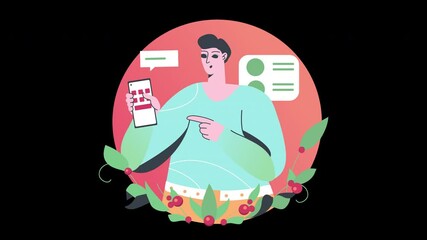 Poster - A man in modern clothing interacting with a mobile app against a vibrant background, illustrating technology use.