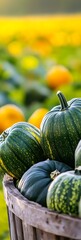 Poster - Vibrant Green and Yellow Pumpkins in Rustic Wooden Barrel in Vast Pumpkin Patch : Generative AI