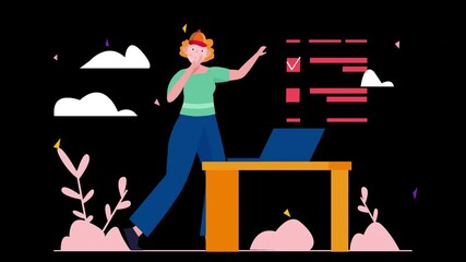 Poster - A woman with curly hair gestures while standing next to a laptop on a table, surrounded by illustrative plants and clouds.