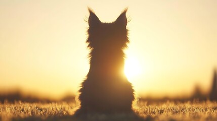 Wall Mural - Silhouetted cat sitting in sunset field.