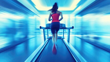 A woman running on a treadmill in a modern gym setting, emphasizing fitness and motion.