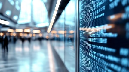 Fototapete - Blurred digital display with binary code overlay in a busy modern office : Generative AI