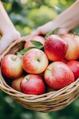 Aufkleber - Freshly Picked Red and Green Apples in a Rustic Wicker Basket with Lush Greenery Background : Generative AI