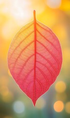 Wall Mural - Single red leaf illuminated by warm sunlight against a bokeh background.