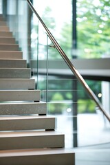 Poster - Modern interior staircase design with glass railings and outdoor natural light : Generative AI