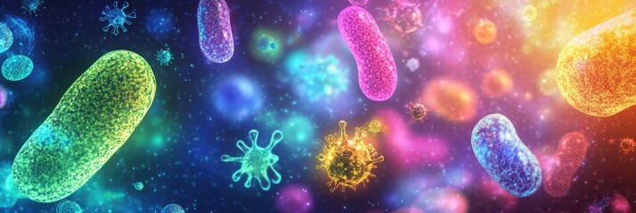 Poster - Microscopic microbes display vibrant colors and diverse shapes under magnification in a dynamic environment. Generative AI