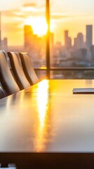Aufkleber - Sunset Meeting Room with City Skyline Highlighted by Golden Light through Glass Windows : Generative AI
