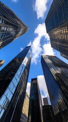 Aufkleber - Low Angle View of Skyscrapers Against a Bright Blue Sky with White Clouds in an Urban Cityscape : Generative AI