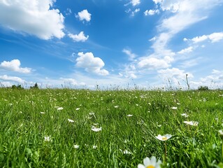 Poster - Beautiful meadow under a blue sky with clouds and white flowers signaling spring and new beginnings : Generative AI