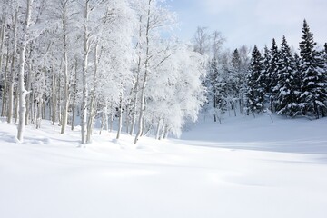 Aufkleber - Snow-Covered Winter Forest with Frosty Trees and Clear Blue Sky : Generative AI