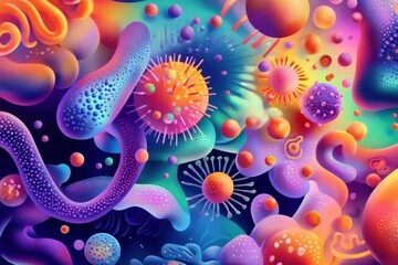 Aufkleber - Vibrant illustration of diverse microscopic microbes in unique shapes and textures under a colorful background. Generative AI