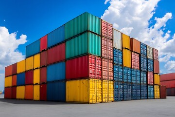 Poster - Colorful Stacked Shipping Containers at a Port Under a Sunny Blue Sky : Generative AI